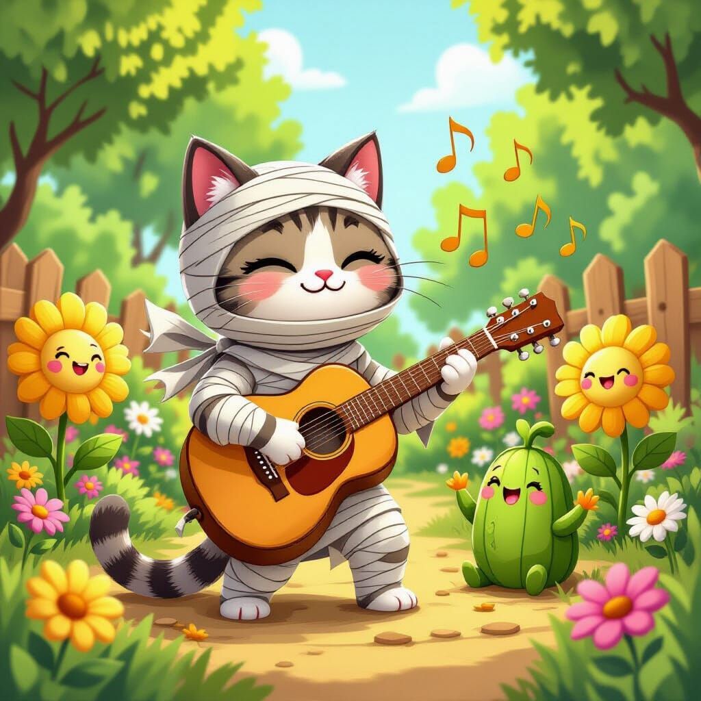 Anthropomorphic Cat Lady Plays Guitar in Musical Garden
