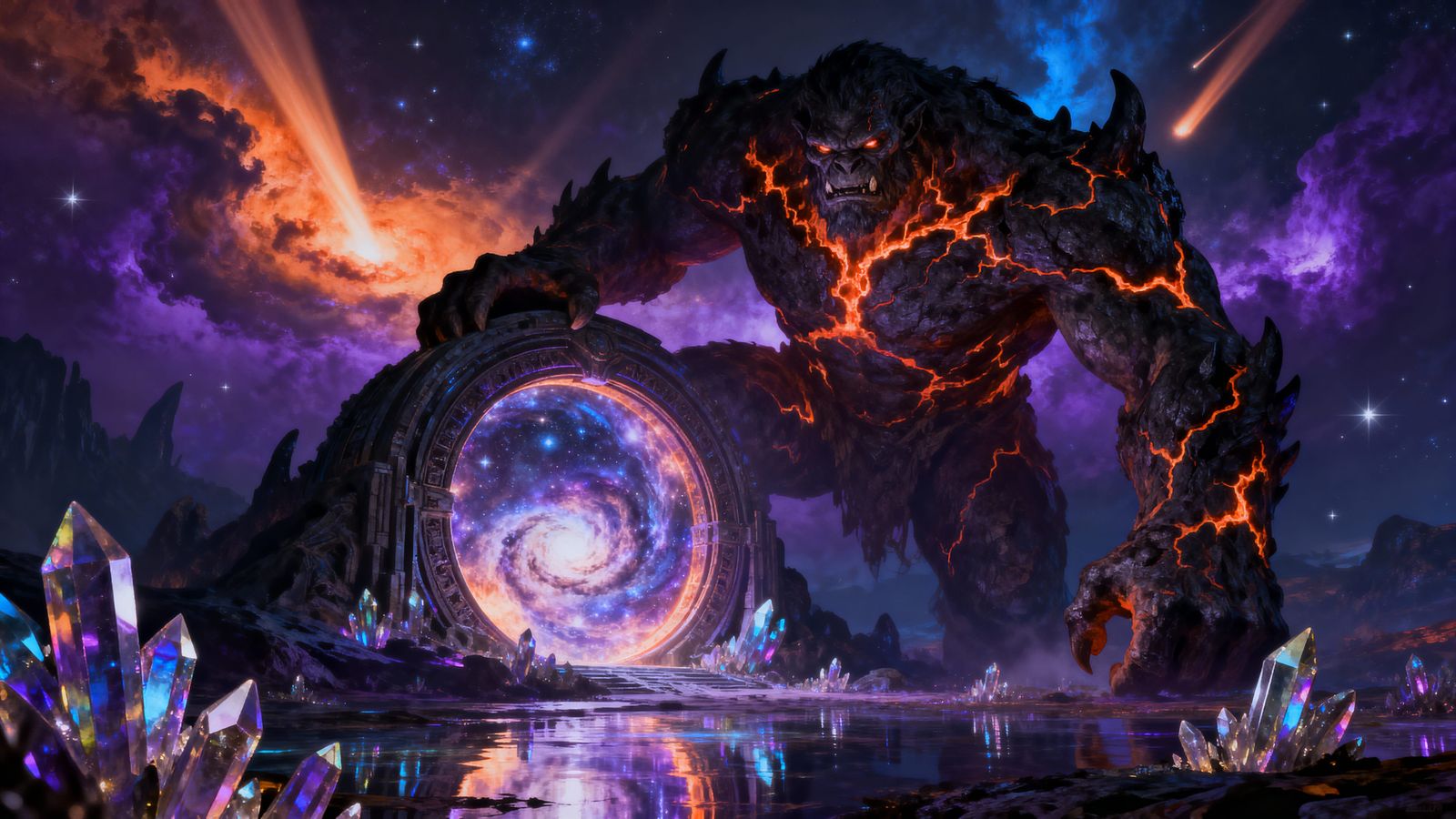 Obsidian Troll Guards Celestial Portal in Dark Fantasy Sci-F...