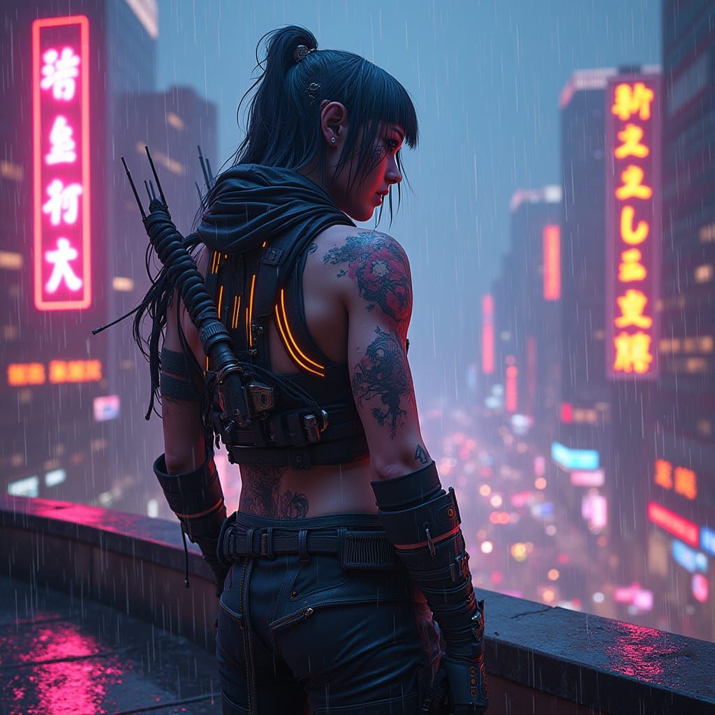 Cyberpunk Warrior on Neon City Rooftop