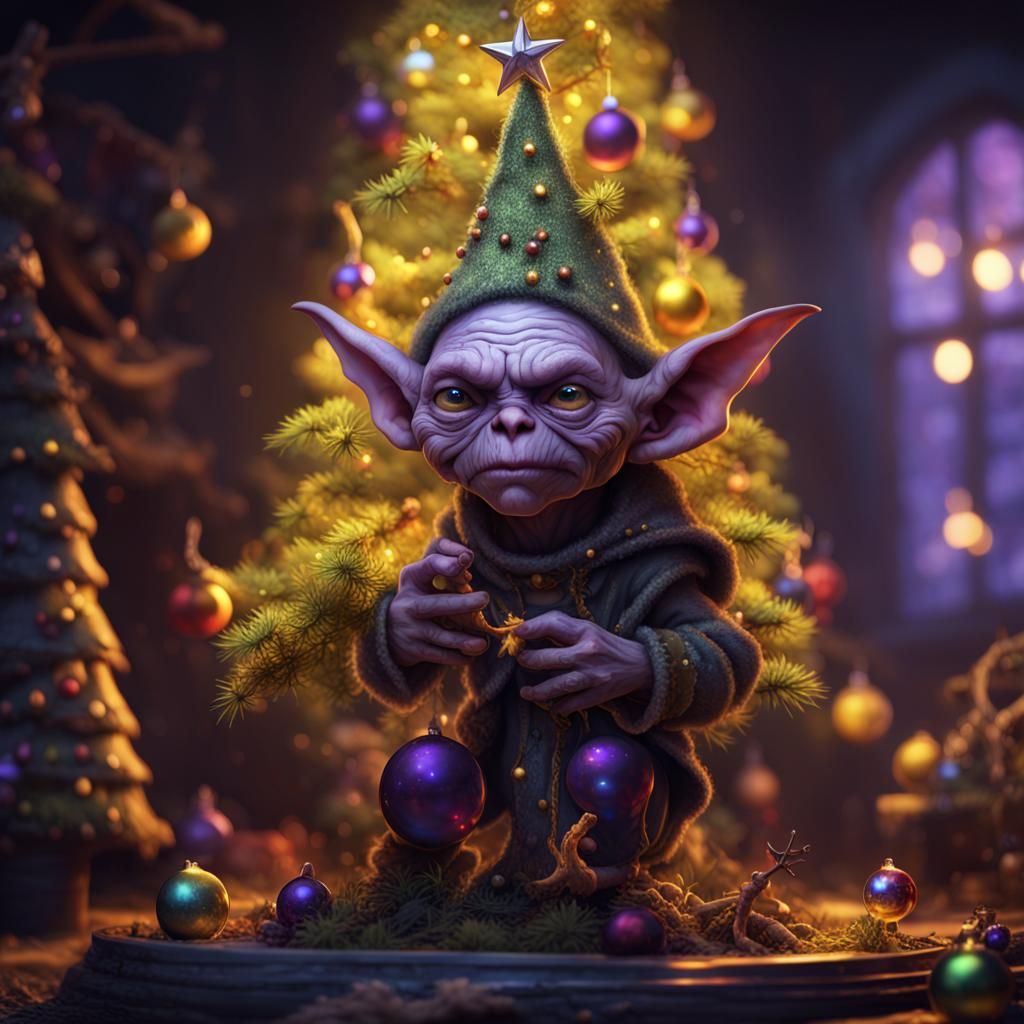 Cute Goblin Decorating Christmas Tree, Dark Fantasy Art