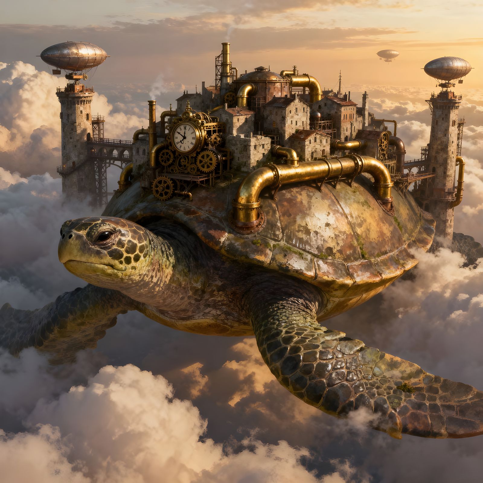 Steampunk City on Giant Turtle in Clouds