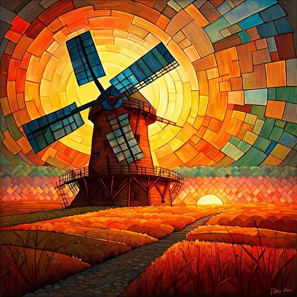 Fantastic Windmill in the Sunrise: Detailed Glowing Art