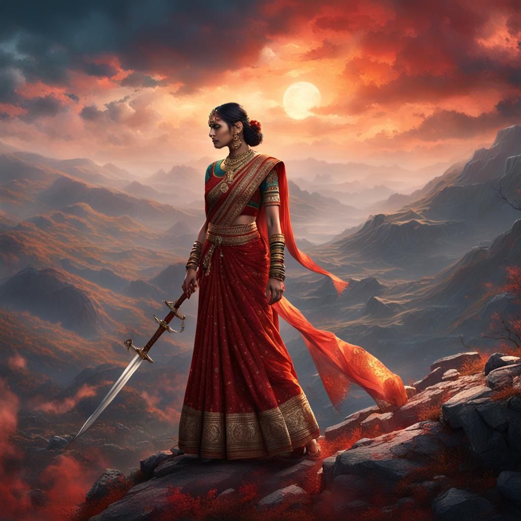 Woman with Sword on Mountain in Indian Dress