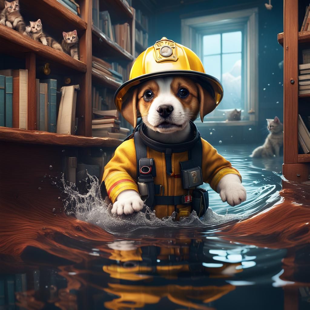 Puppy Rescues Kitten from Flood as Detailed Painting