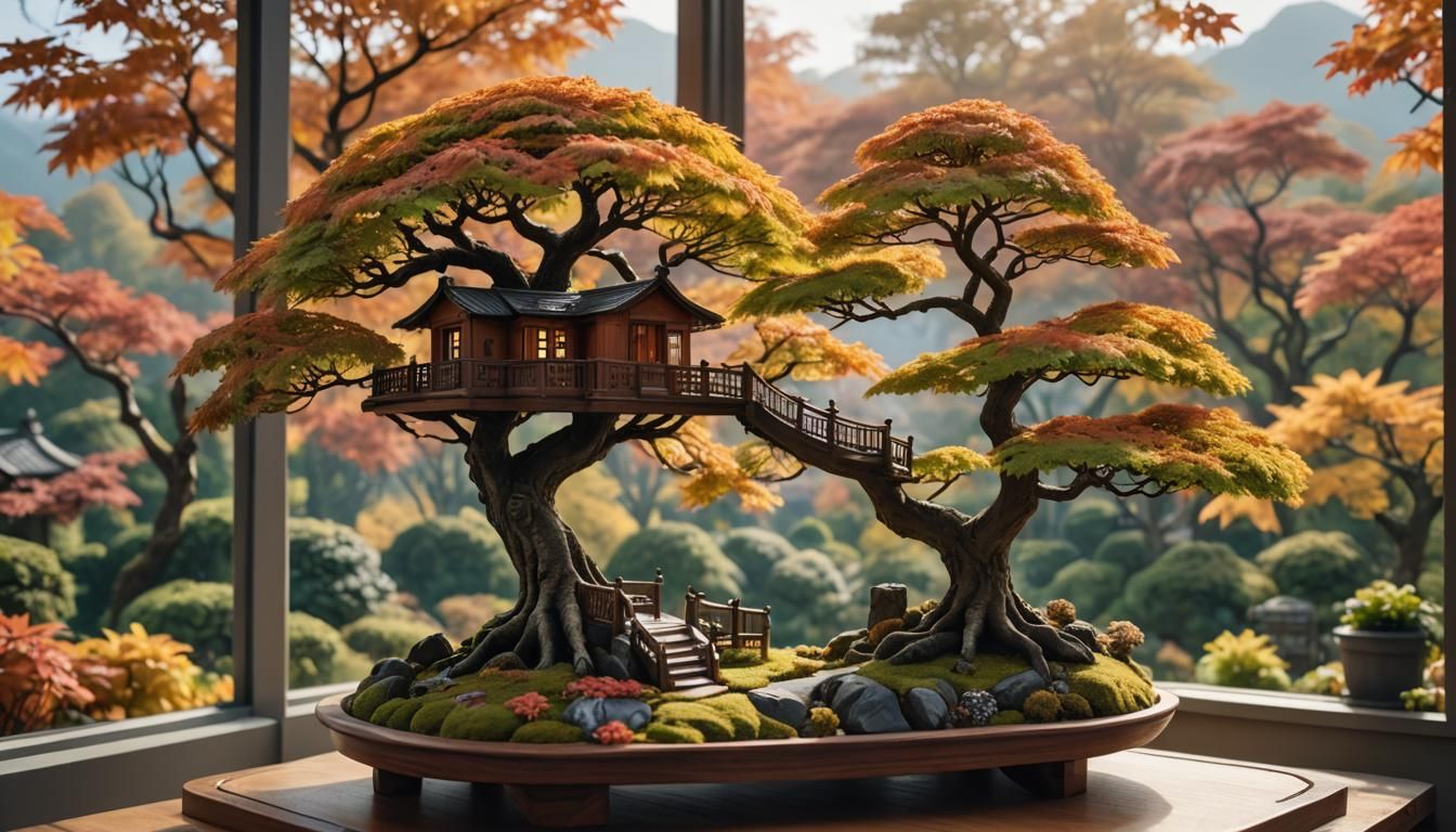 Miniature Treehouse with Autumn Acer Bonsai in Hyperrealism