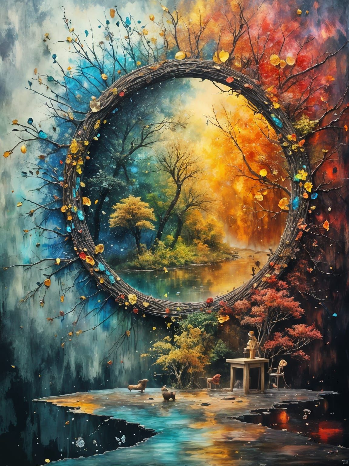 Autumn Portal Cracked Mirror Reflecting Four Seasons