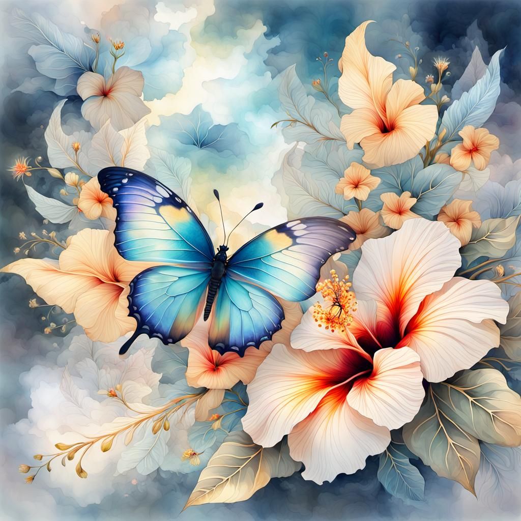 Butterfly on Hibiscus Flower in Digital Fantasy Style