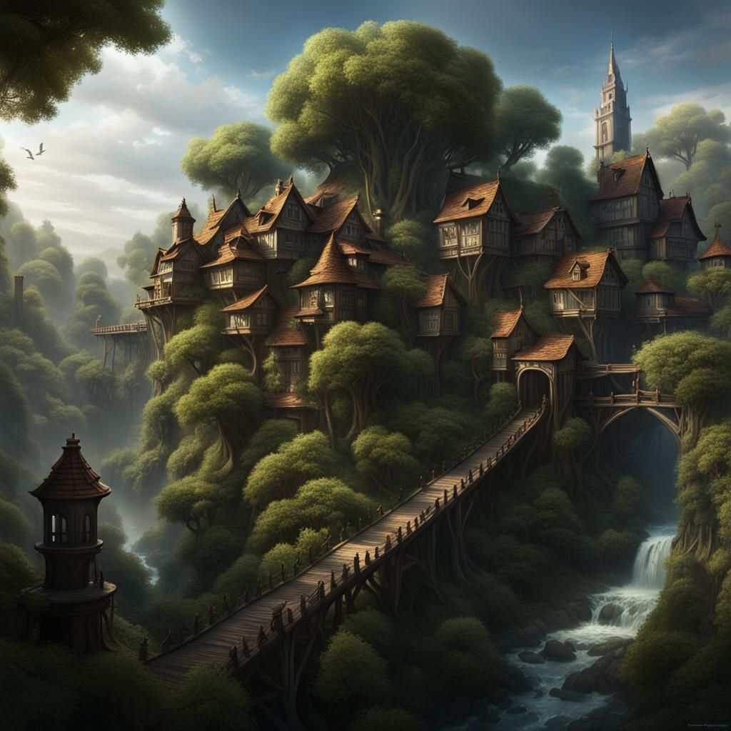City in Forest with Towering Tree: Dark Fantasy Art