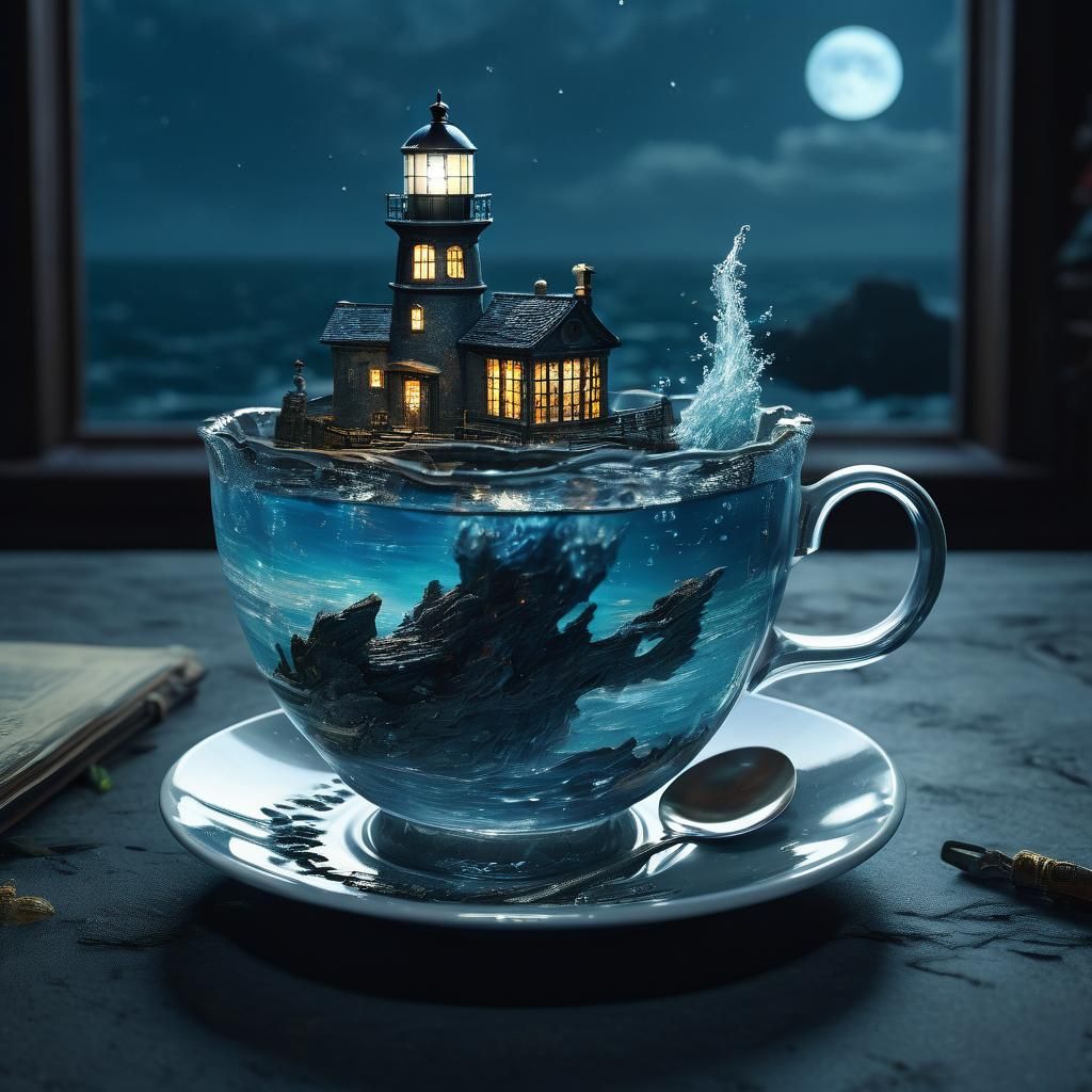 Lighthouse in Teacup: Cyberpunk Ghibli Dreamscape