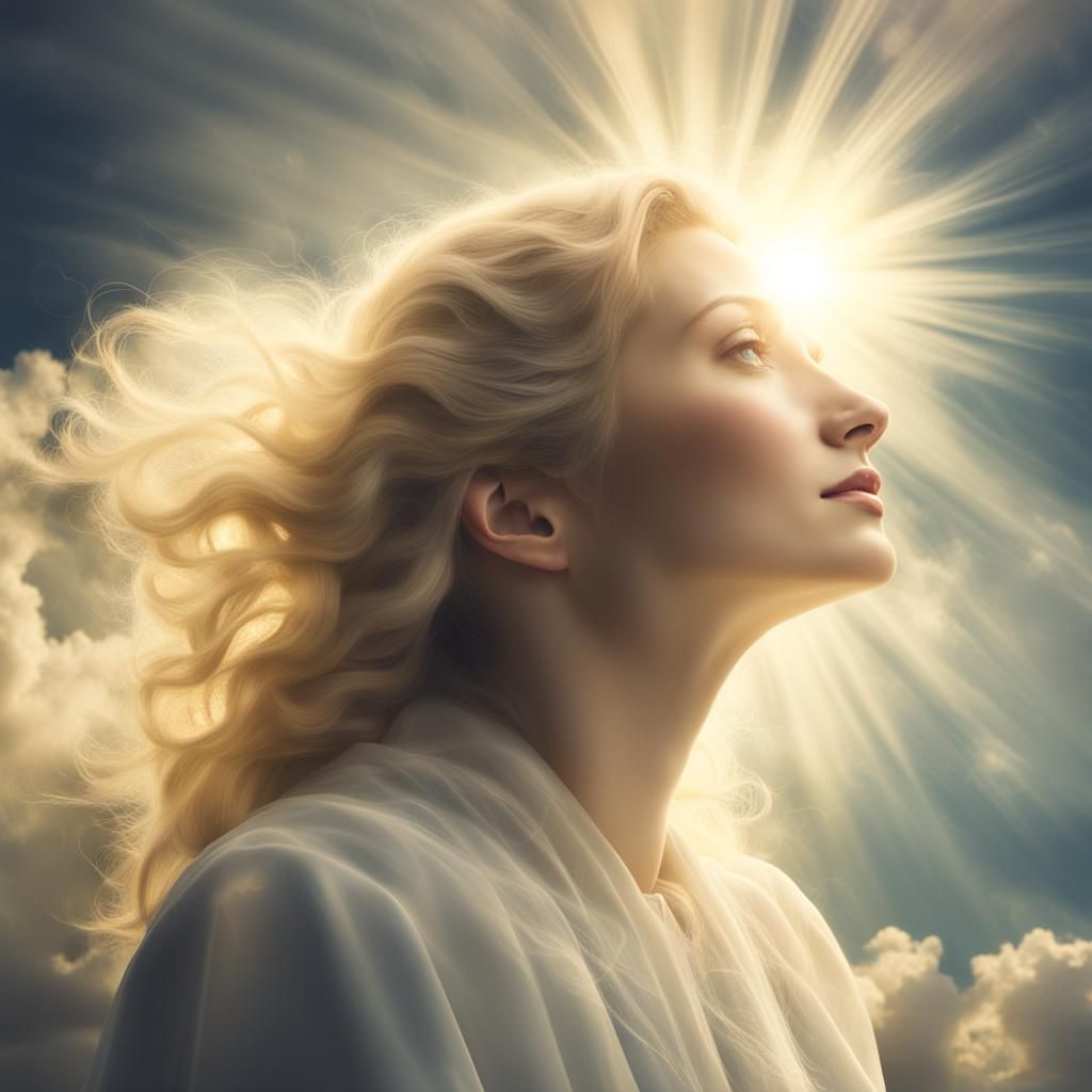 Woman in Divine Light Among Clouds