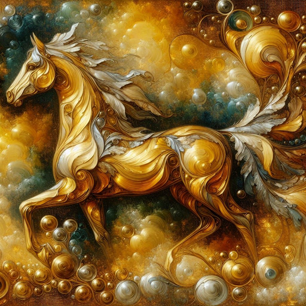 Golden Horse in Art Nouveau Style with Bubbles