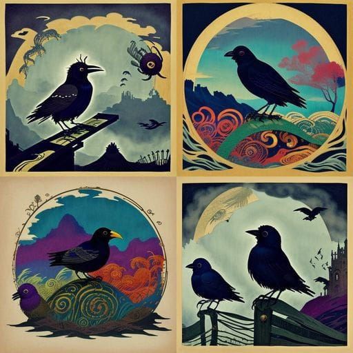 Raven Perched on a Fence in Eileen Agar Style