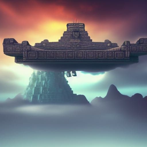 Floating Mayan Temple Amidst Clouds: Digital Art