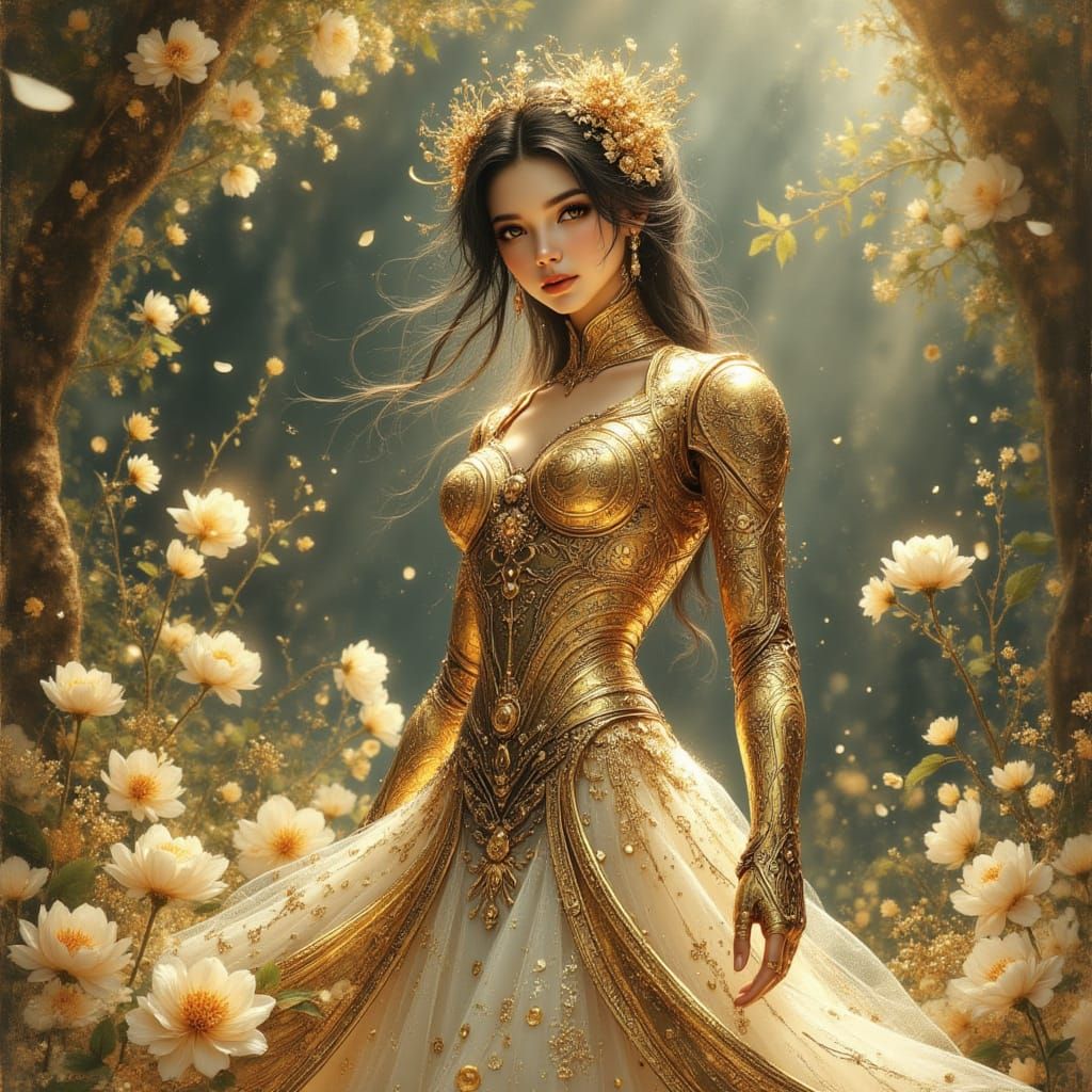 Nymph Cyborg Robot in Whimsical Floral Scenery