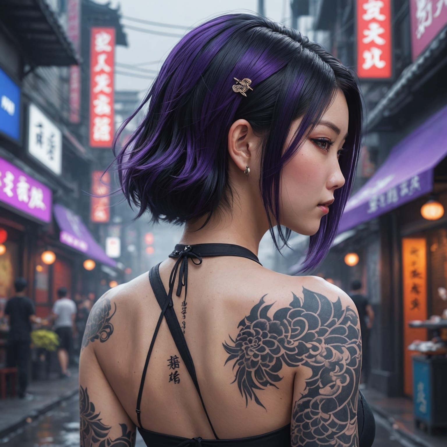 Anime Style Asian Woman with Katana in Neon City