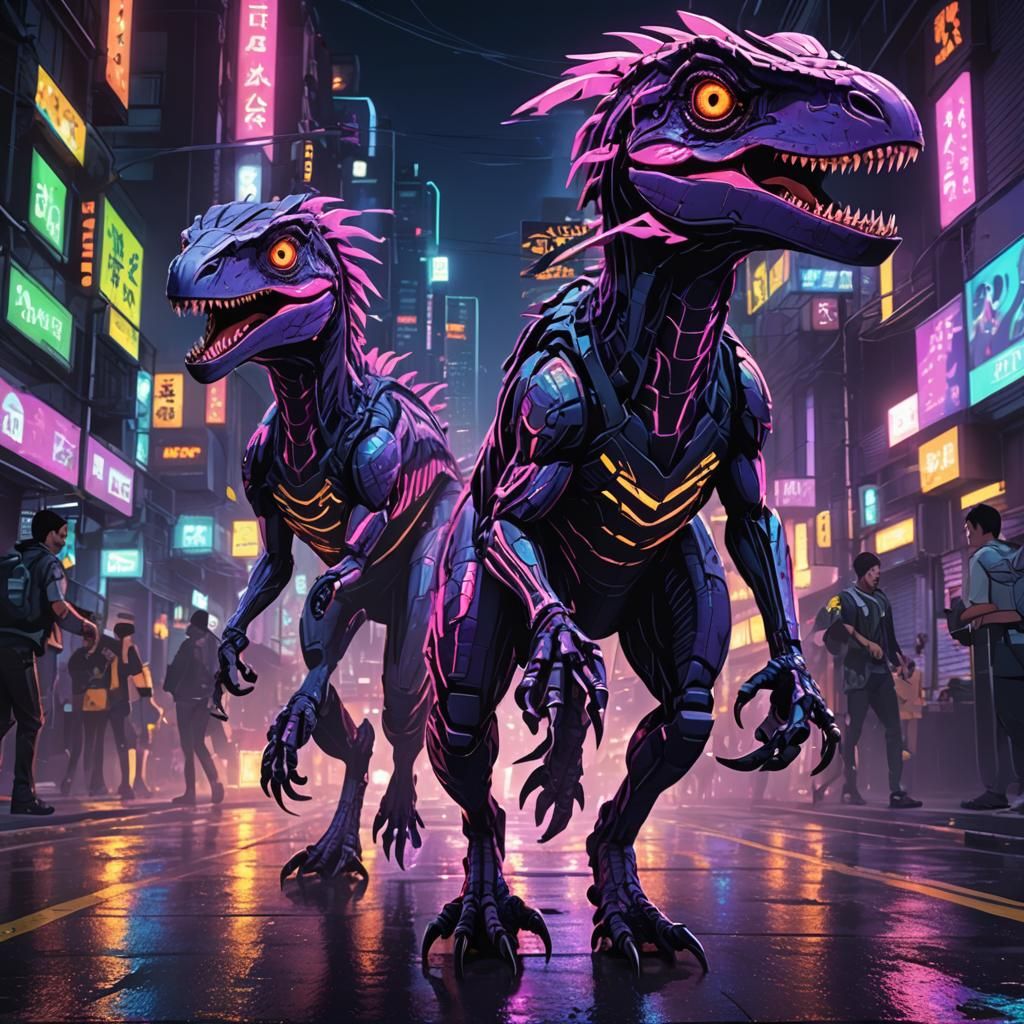 Cyberpunk Neon Raptors in Tokyo