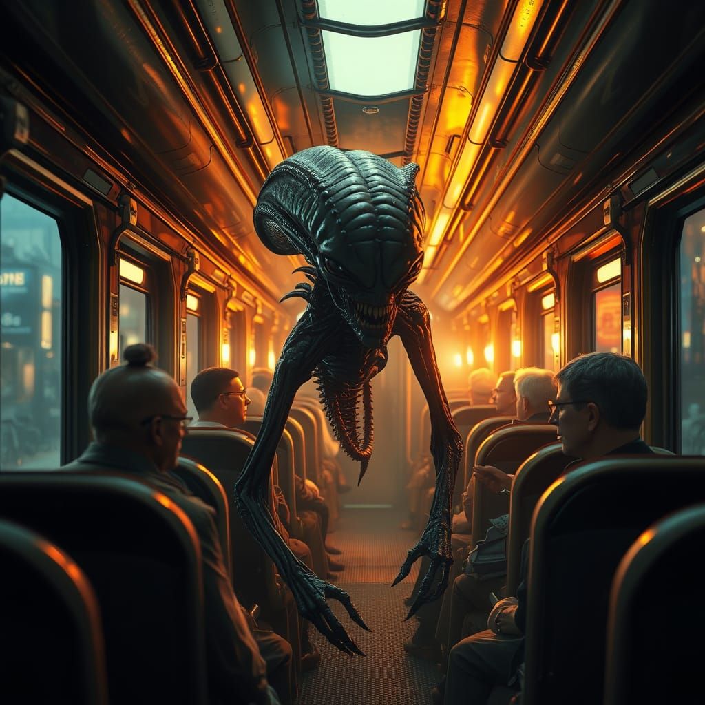 Alien Passenger on Vintage Express Train in Matte Painting S...