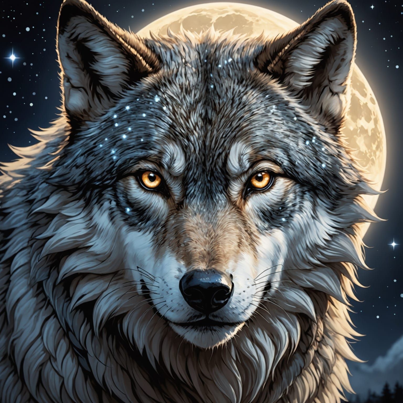 Glowing Wolf Face with Moon and Stars, Anime Style