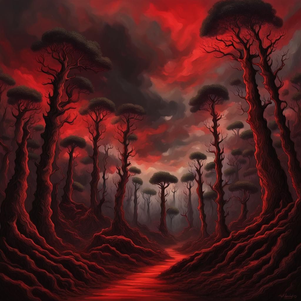 Menacing Forest with Faces in Dark Fantasy Style