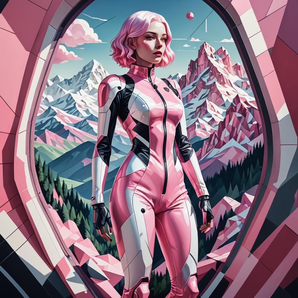 Cyberpunk Woman in Alps Setting: Cubist Style