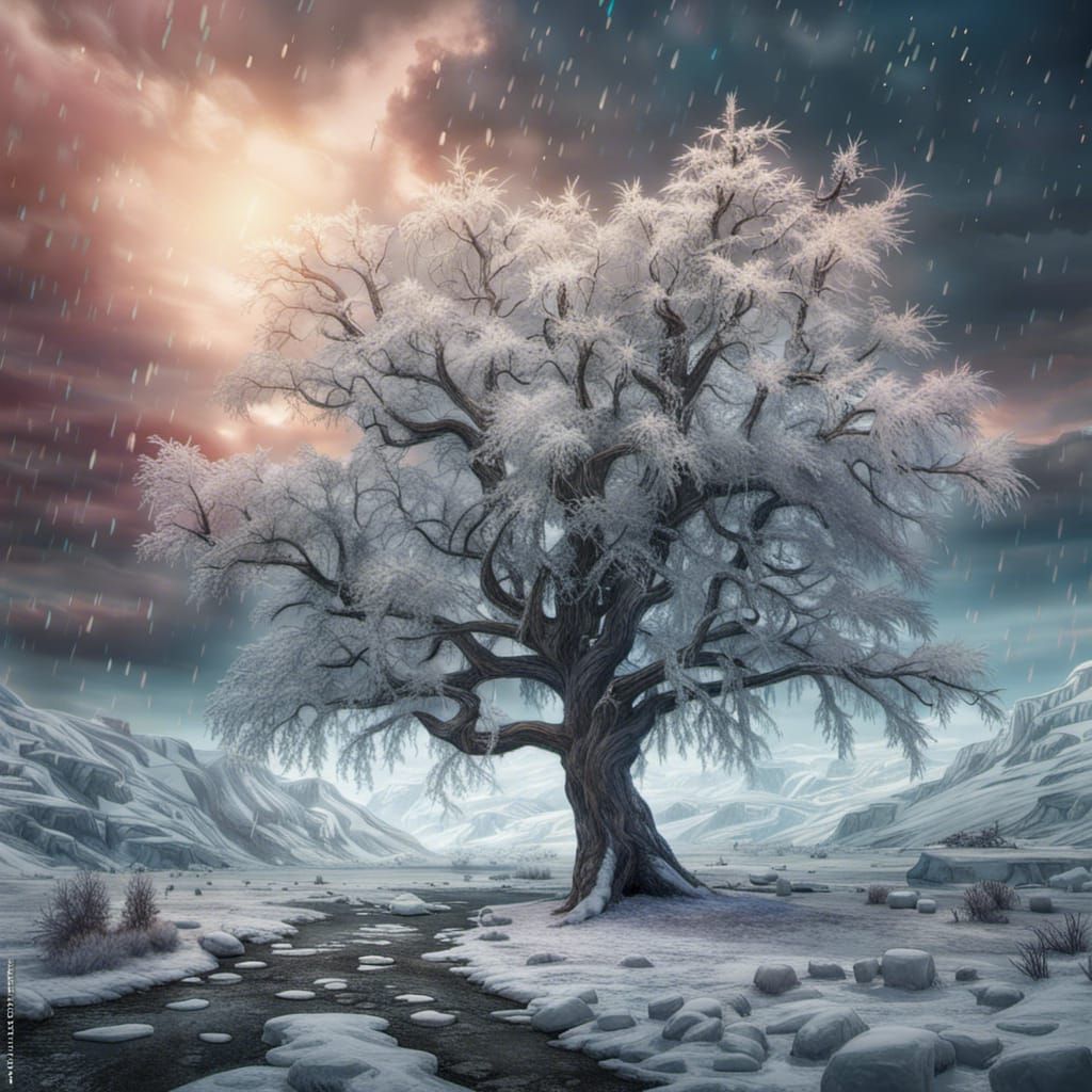 Icy Barren Tree in Hyperrealistic Winter Landscape