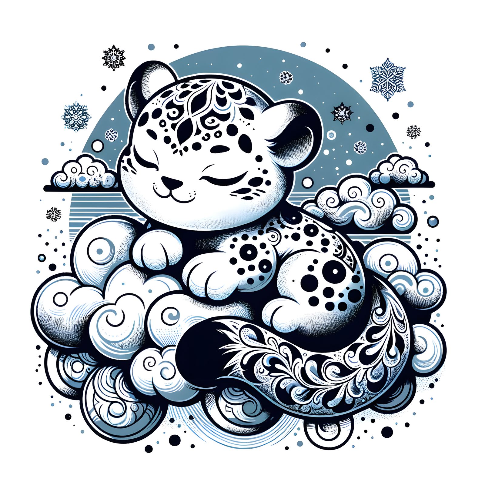 Charming Chibi Snow Leopard Sitting on Clouds in Filigree Ve...