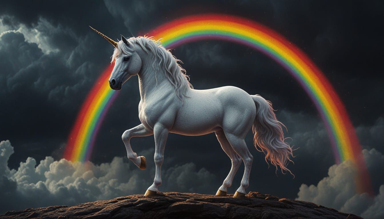 Plush Unicorn on Rainbow Arch in Vibrant Oil Painting Style