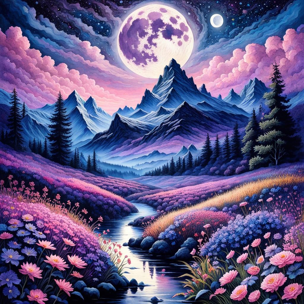 Ethereal Watercolor Field with Purple Moon