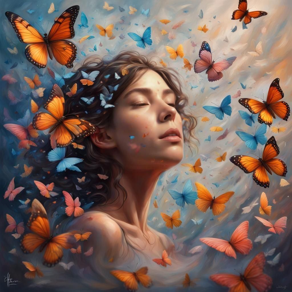 Dreamer Portrait with Floating Butterflies as Splash Art