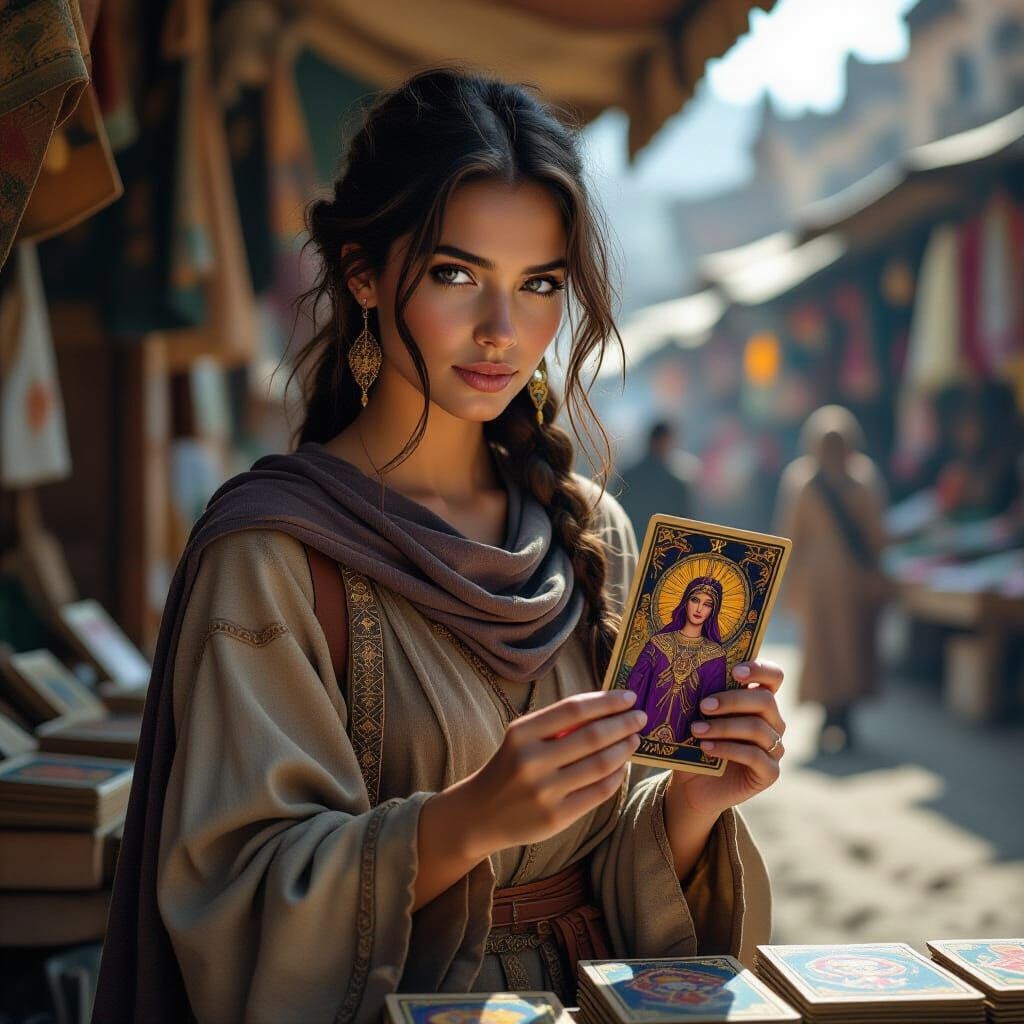 Anya at the Market: Tarot Card Reader in Dark Futurism
