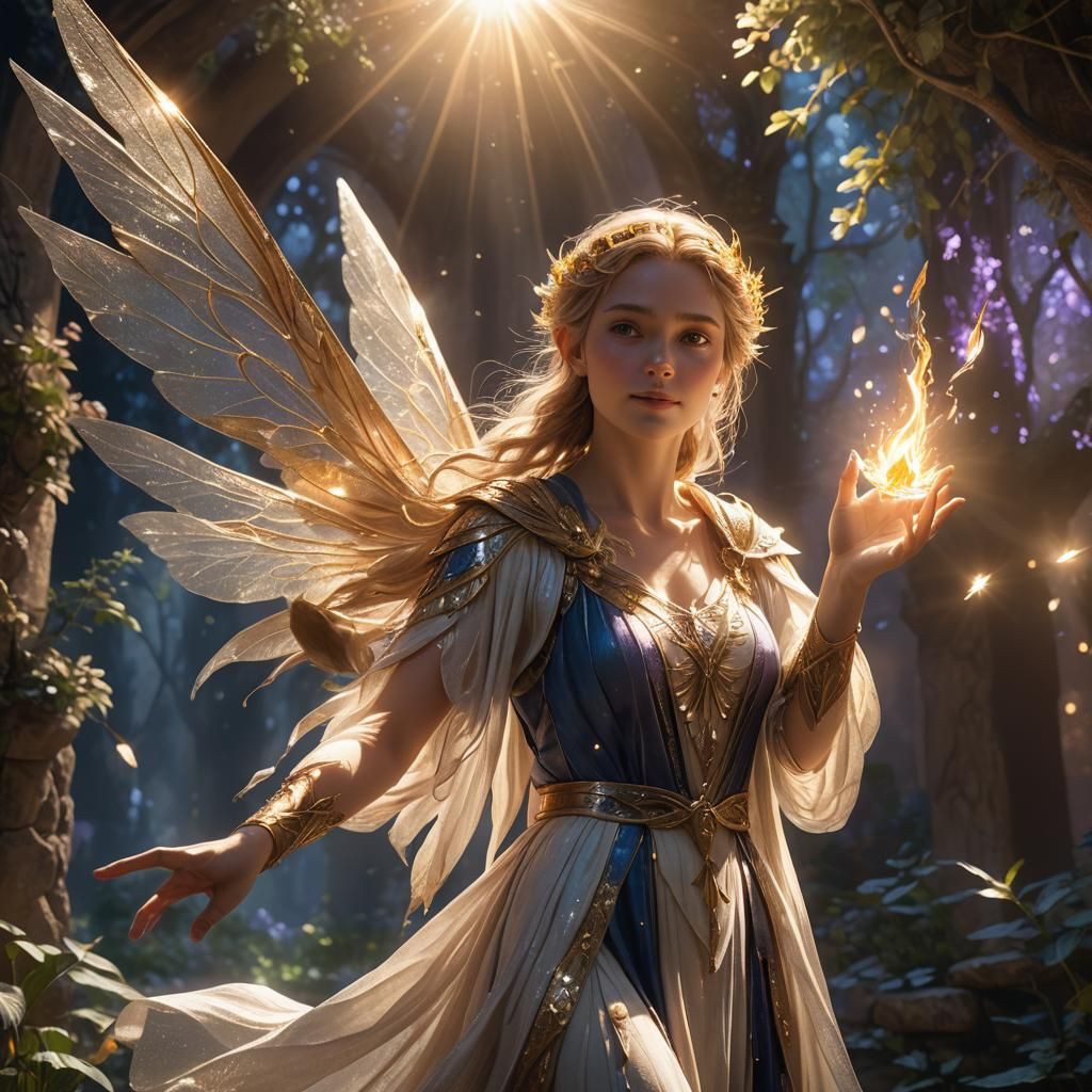 Sun-Kissed Fairy Holding a White Flame