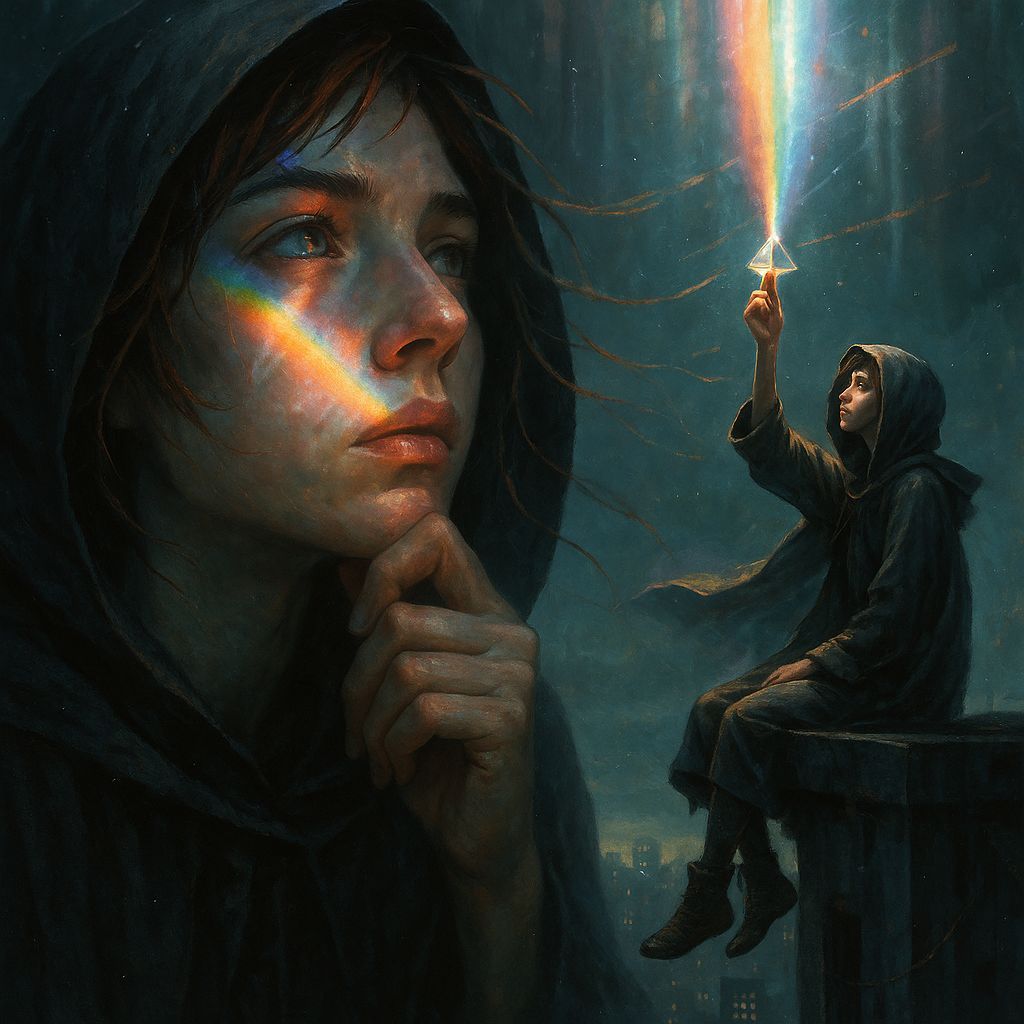 Magical Sci-Fi Woman with Prism on Skyscraper