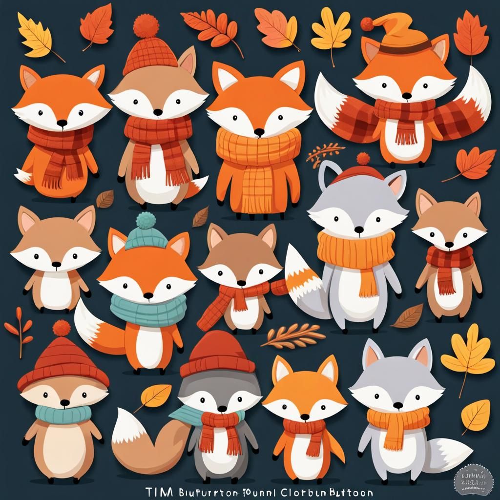 Woodland Animals in Fall Attire: Cute 2D Clipart