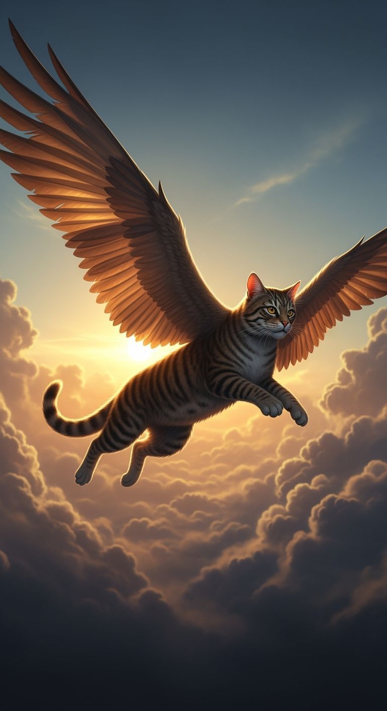 Majestic Tabby Cat Soars Through Sunset Sky