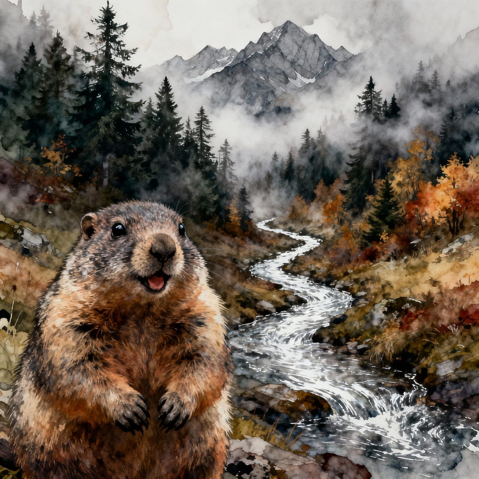 Misty Alpine Stream with Joyful Marmot
