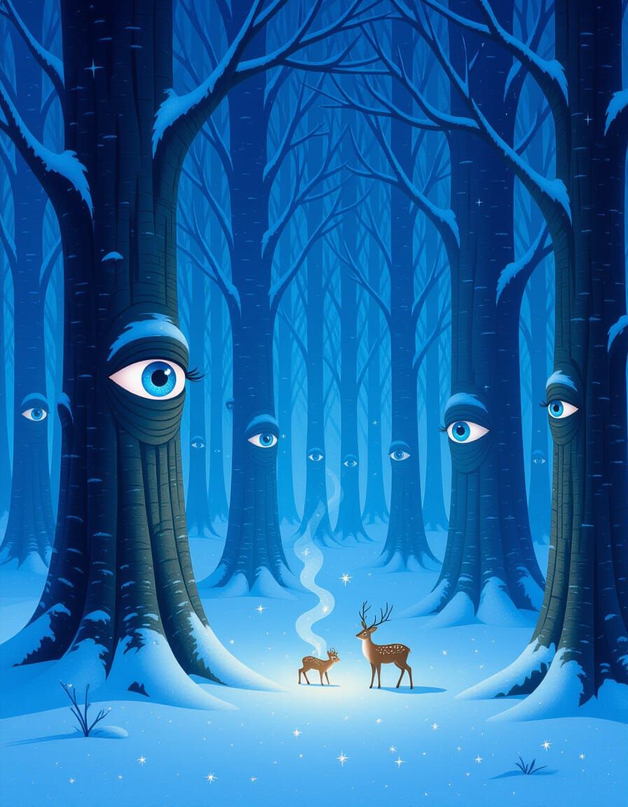 Surreal Winter Forest with Sleeping Eyes
