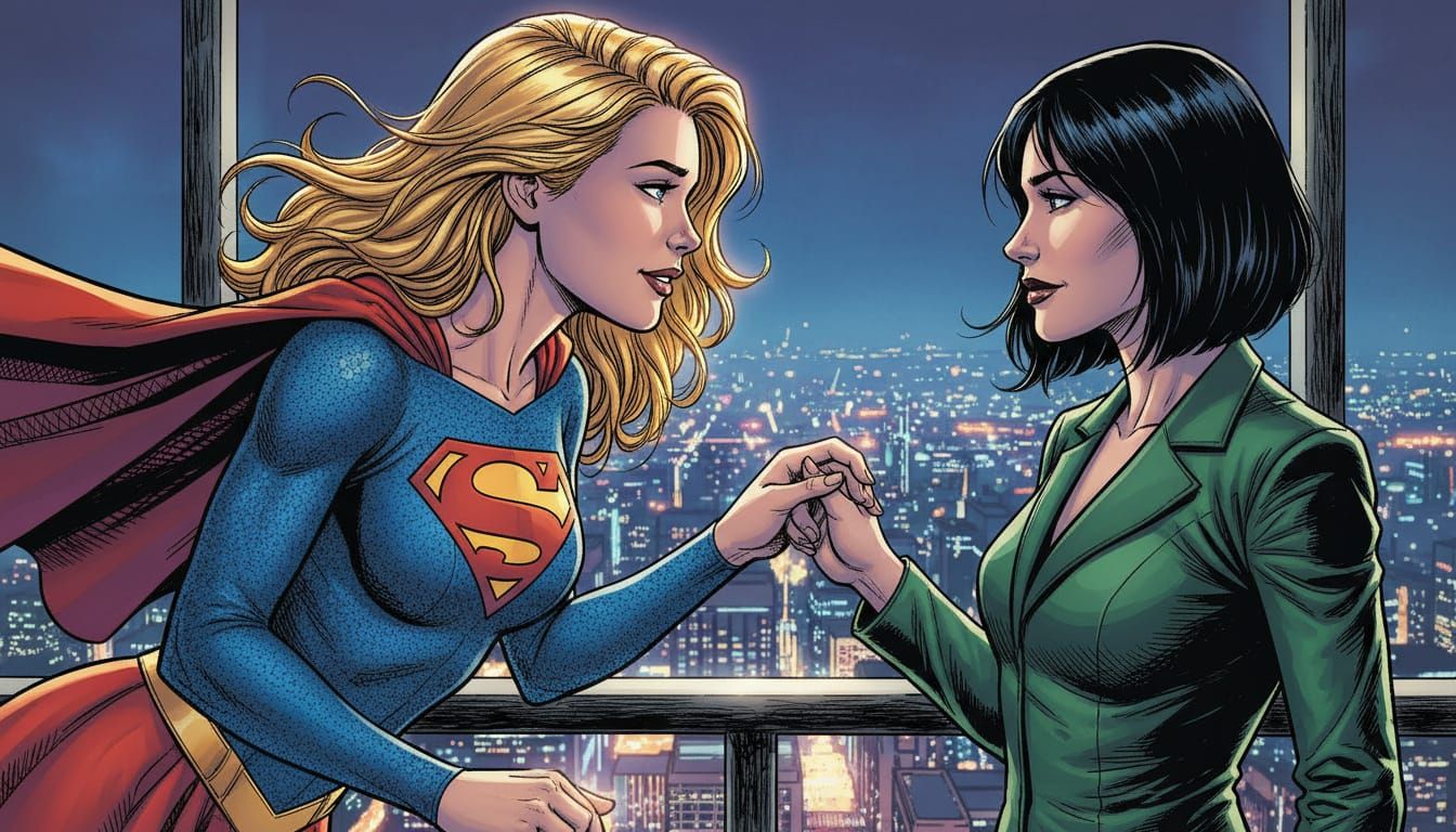 Supergirl and Lena Luthor Embrace on Skyscraper Balcony