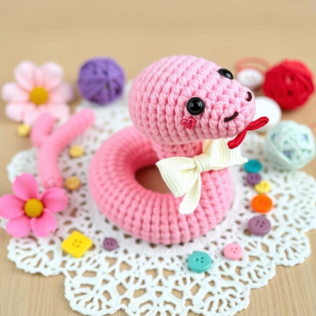 Crocheted Pink Snake Amigurumi with Pastel Bow