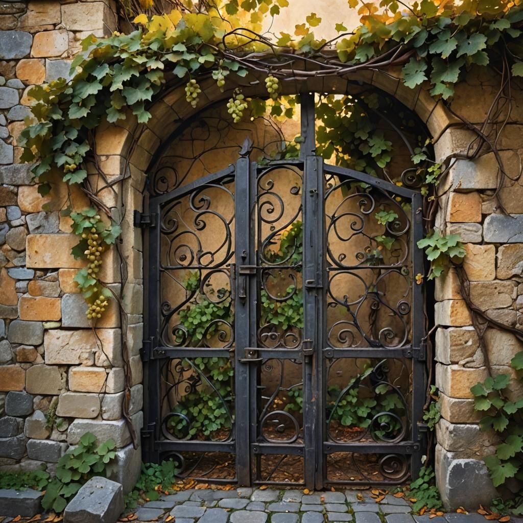 Old Iron Gate Covered in Grapes: Hyper-Realistic Digital Art