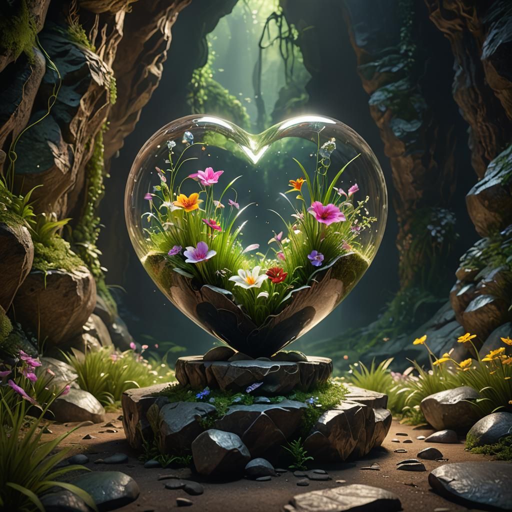 Enchanted Heart-Shaped Phial in Cavern, Fantasy Art