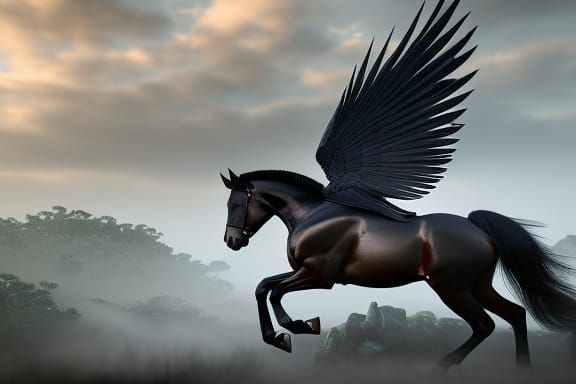 Majestic Winged Black Horse in Stormy Sky