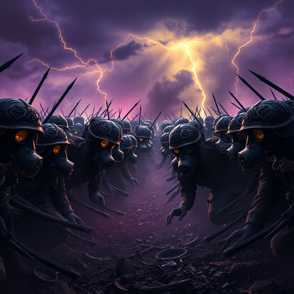 Eerie Battlefield Scene with Gas Masks and Undead
