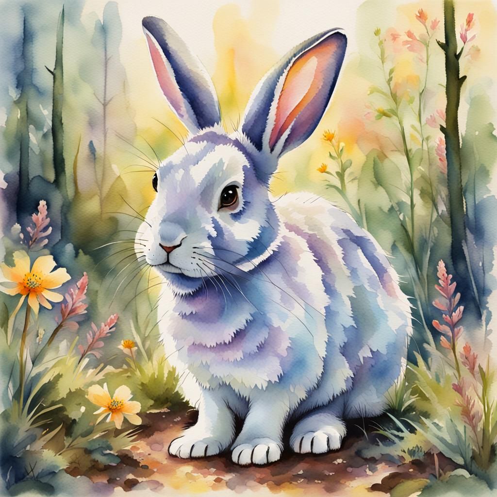 Pastel Watercolor Rabbit in Forest Sunlight