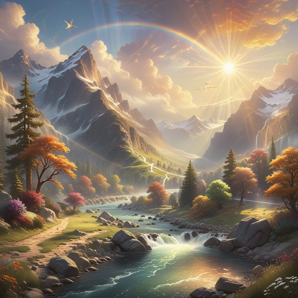 Ethereal Rainbow Landscape with Golden Star