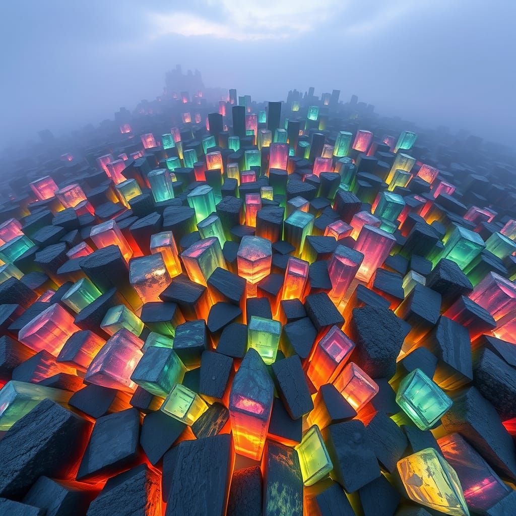 Ethereal Basalt Columns Radiate Soft, Iridescent Glow