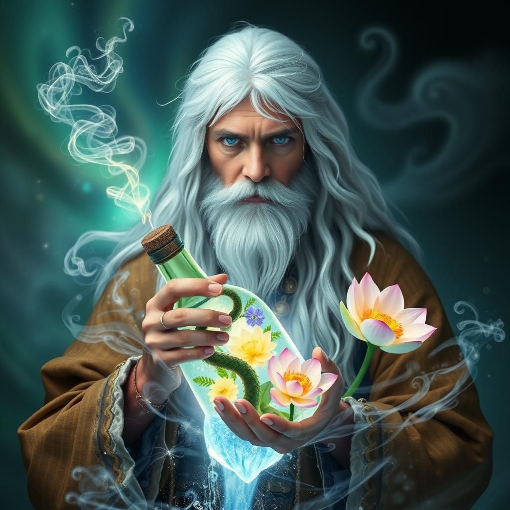 Mystical Shaman with Glowing Bottle in Surreal Realm