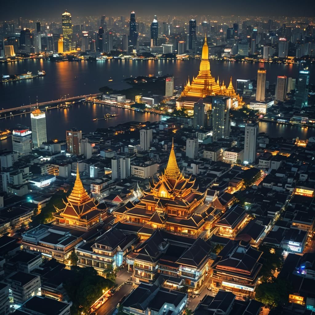 Bangkok Nightscape: Temple and Skyscrapers in Cinematic Ligh...