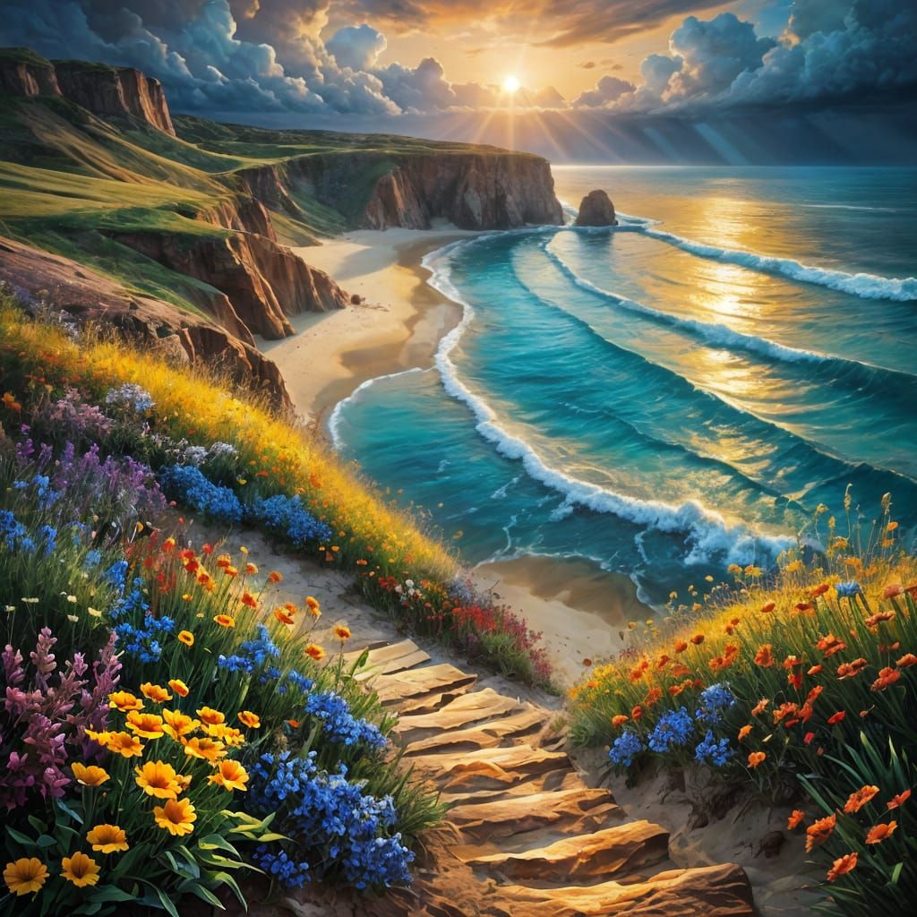 Surreal Dreamy Landscape with Sandy Path and Wildflowers