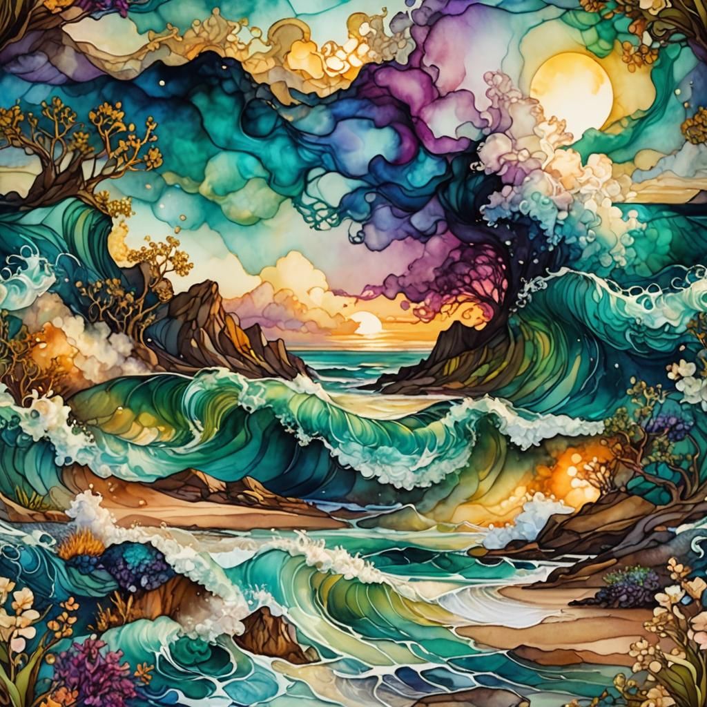 Fantasy Beach Waves in Alcohol Ink Style