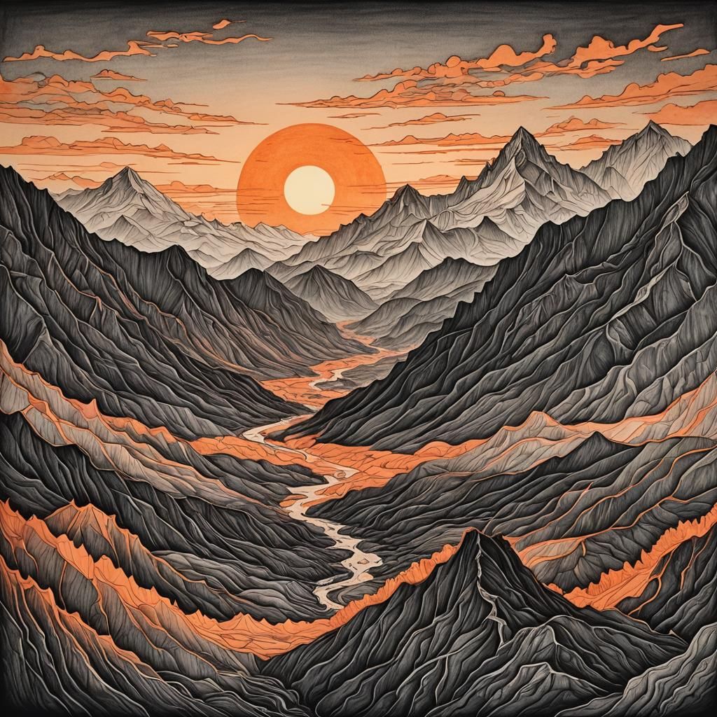 Mountain Layers at Dawn in Charcoal Line Drawing